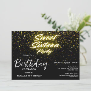 Elegant neon Guld Black retro Sweet 16:e födelseda Inbjudningar