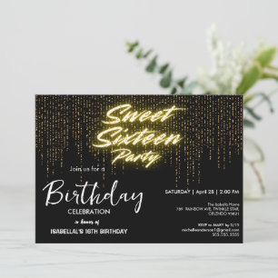 Elegant neon Guld Black retro Sweet 16:e födelseda Inbjudningar