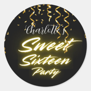 Elegant neon guld Black Retro Sweet 16:e födelseda Runt Klistermärke