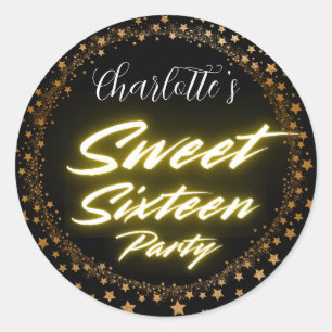 Elegant neon guld Black Retro Sweet 16:e födelseda Runt Klistermärke