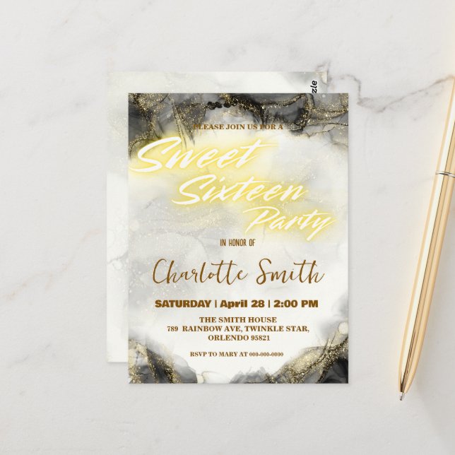 Elegant neon guld rosa marmor Sweet 16 födelsedag Vykort (Fram/Back In Situ)