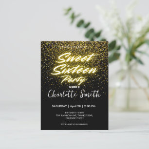Elegant neon Guld Svart retro Sweet 16-årsdag Vykort