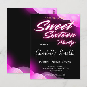 Elegant neon rosa retro svart Sweet 16-årsdag Vykort