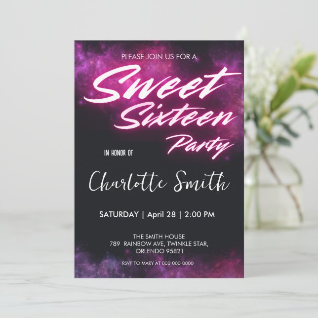Elegant neon rosa Retro Sweet 16: e födelsedagsgiv Inbjudningar (Stående Fram)
