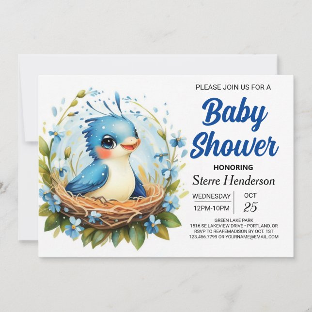 Elegant Nest Woodland Bird Boy Shower Inbjudningar (Framsida)
