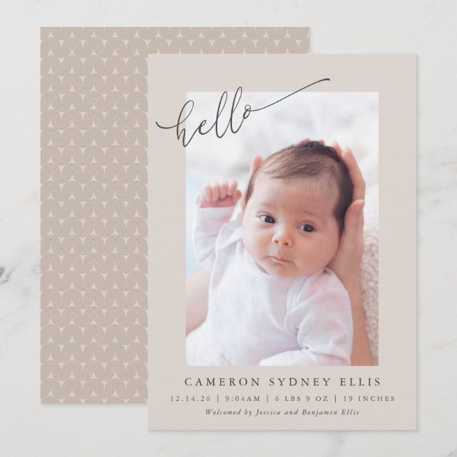 Elegant Neutral Beige Minimalist Hello Photo Birth Meddelande (Fram/baksida)