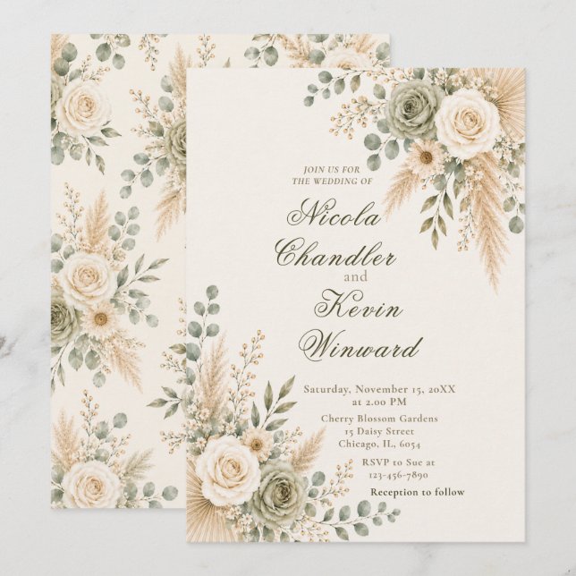 Elegant Neutral Blommig Ceremoni Inbjudningar (Fram/baksida)