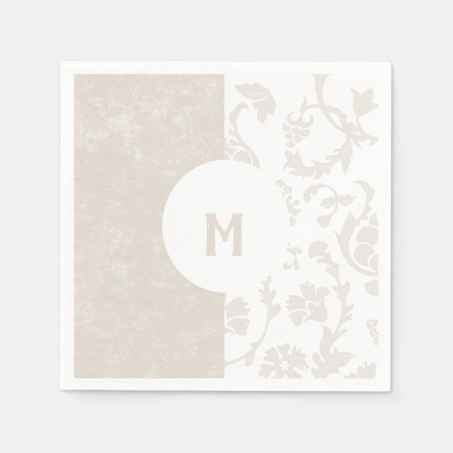 Elegant Neutral Blommig Damask Monogram Festlig Pappersservett (Framsidan)