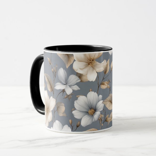 Elegant neutral blomning grå blommönster mugg (Framsida vänster)
