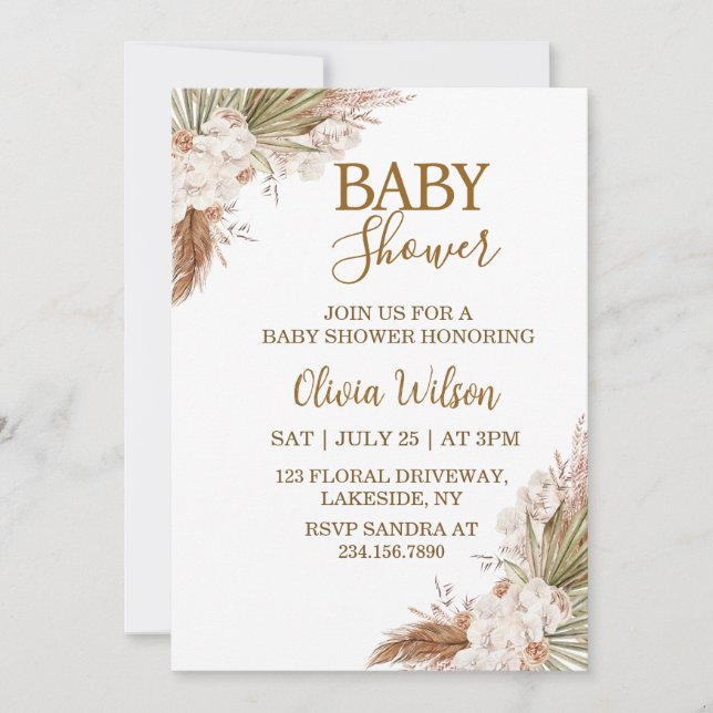 Elegant Neutral Boho Blommig Bebis Shower Inbjudningar (Framsida)