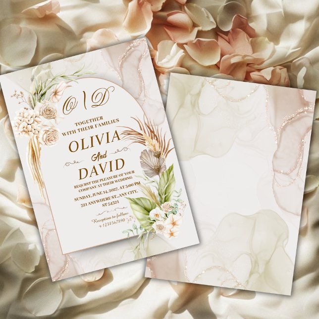 Elegant Neutral Boho Pampasgräs & Blommig Bröllop Inbjudningar (Skapare uppladdad)