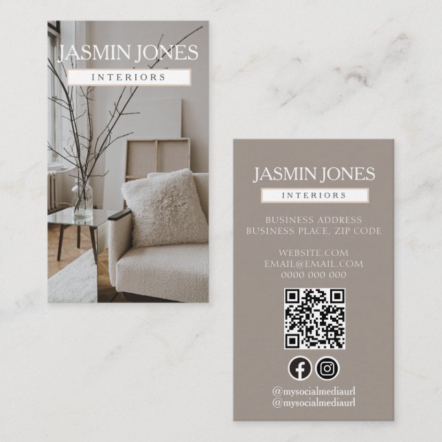 Elegant Neutral Interiördesign QR Visitkort (Fram/baksida)