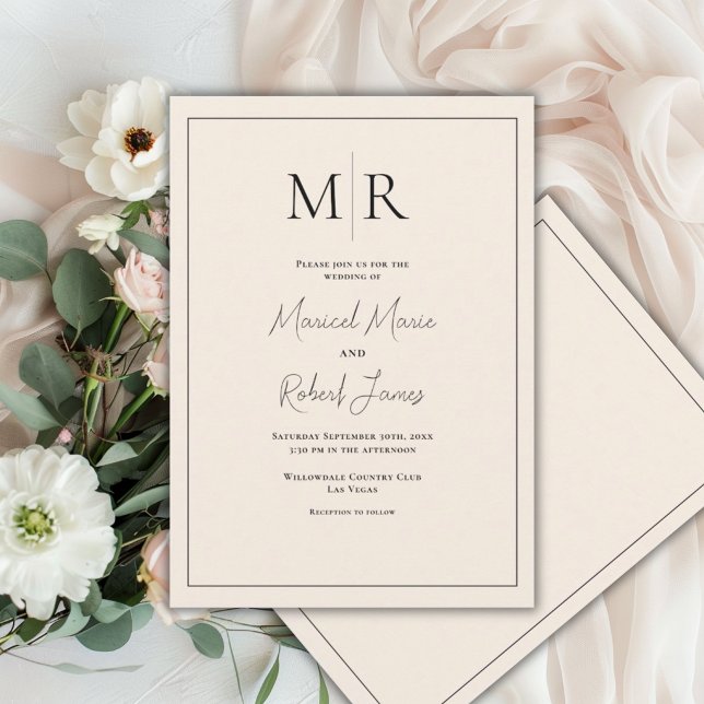 Elegant Neutral linne Monogram Modern Bröllop Inbjudningar (Skapare uppladdad)