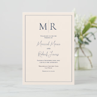 Elegant Neutral linne Monogram Modern Bröllop Inbjudningar