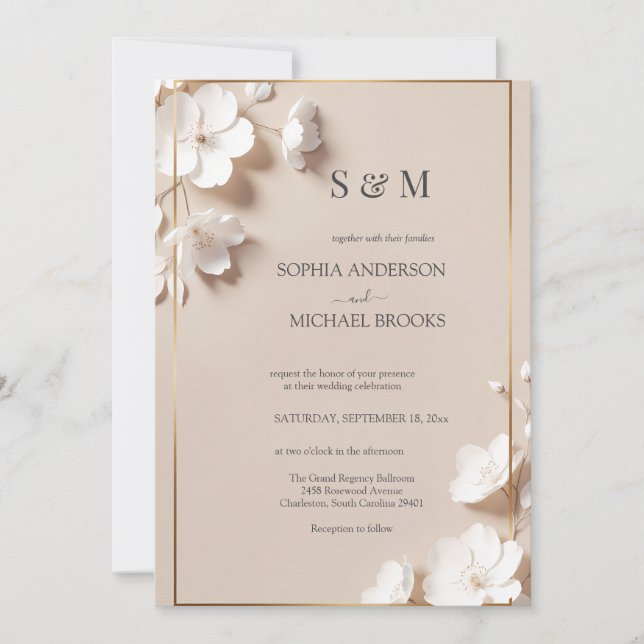 Elegant Neutral Magnolia White Floral Wedding  Inbjudningar (Framsida)