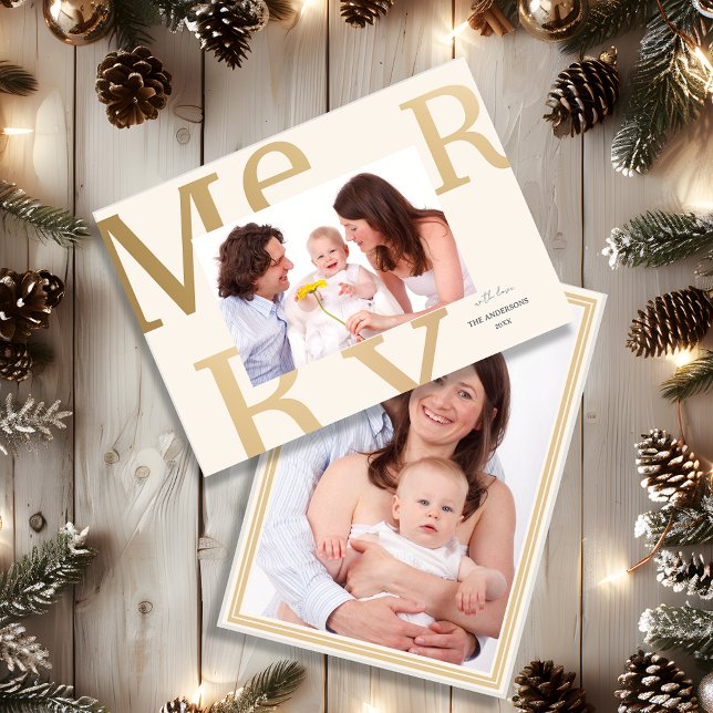 Elegant Neutral “Merry” Modern Photo Julkort (Elegant Neutral “Merry” Modern Photo Holiday Card)