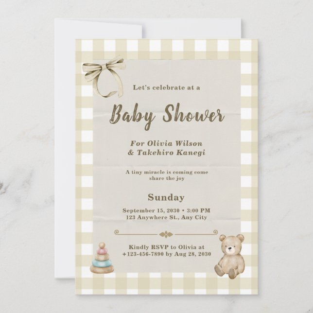 Elegant neutral nallebjörn-babyshower  inbjudningar (Framsida)
