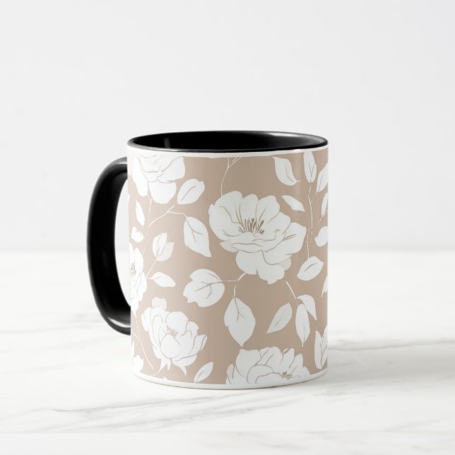 Elegant neutral ros vit blommönster mugg (Framsida vänster)