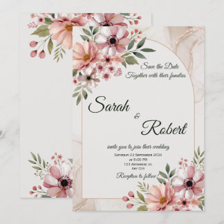 Elegant Neutral Rosa Blommig Spara Datum-kort Inbjudningar