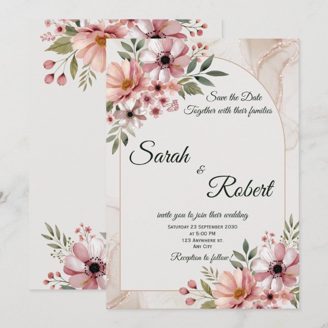 Elegant Neutral Rosa Blommig Spara Datum-kort Inbjudningar (Fram/baksida)