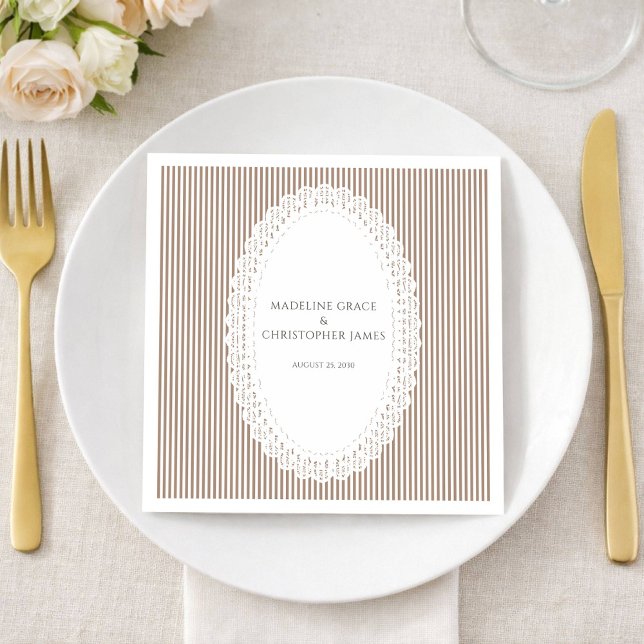 Elegant Neutral Stripe Lace Doily Wedding Pappersservett (Skapare uppladdad)