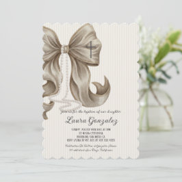 Elegant Neutral Striped Bow Baptism Inbjudningar