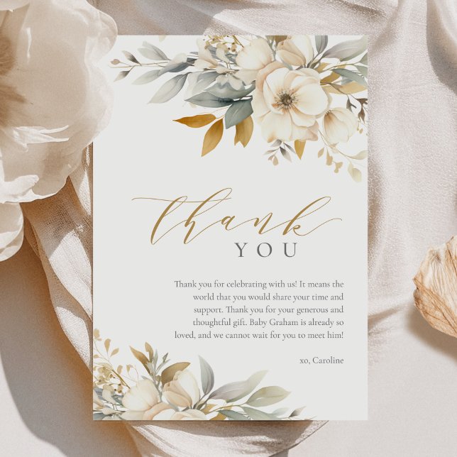 Elegant Neutralt Baby i babyskor för blommor Tack Kort (Skapare uppladdad)