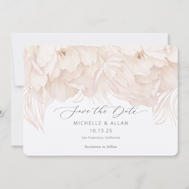 Elegant neutralt beige peony blommigt bröllop spara datumet (Framsida)