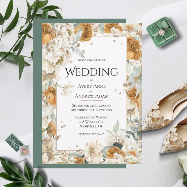 Elegant Neutralt Blommigt Guld Watercolor Bröllop Inbjudningar (Skapare uppladdad)
