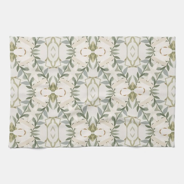 Elegant neutralt blommönster kökshandduk (Horisontell)
