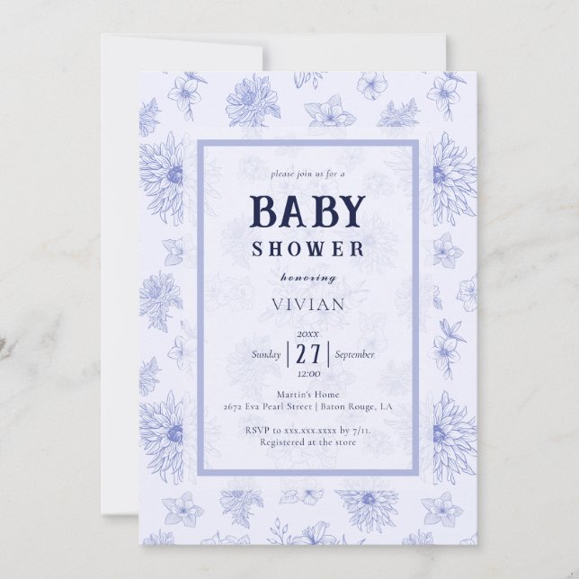 Elegant Neutralt Blue blommönster Baby Shower Inbjudningar (Framsida)