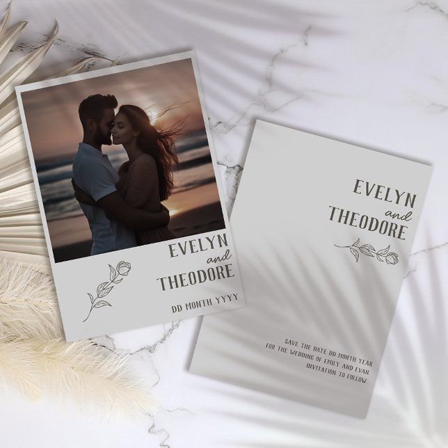 Elegant Neutralt kontur blomma med foto Bröllop Spara Datumet (Skapare uppladdad)