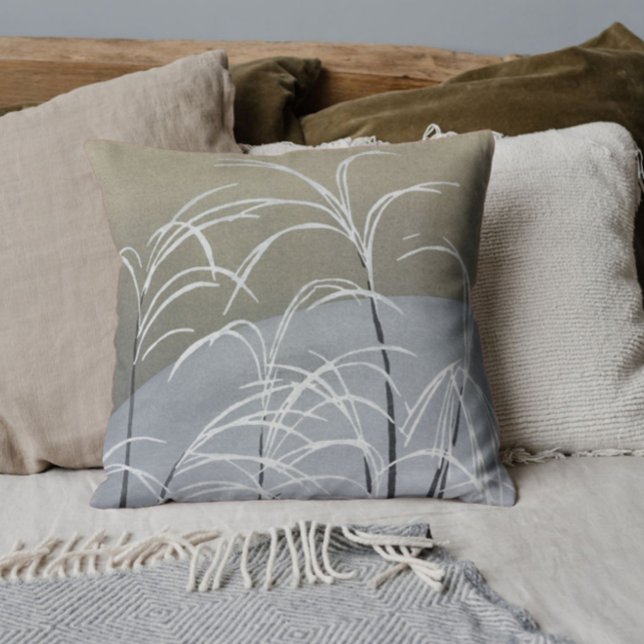 Elegant Neutralt Modern Minimalist Japansk Art Kudde (Add style to your home with this elegant neutrals vintage Japanese grass pattern throw pillow!)