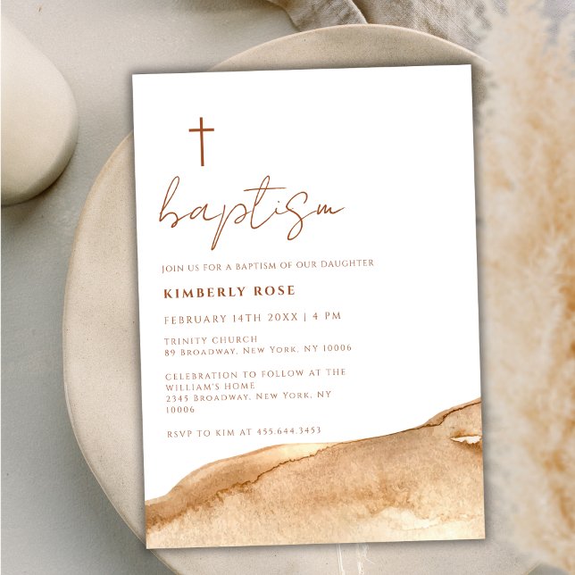 Elegant Neutralt Terracotta Abstrakt Kor Baptism Inbjudningar (Elegant Neutral Terracotta Abstract Cross Baptism Invitation)