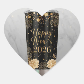 Elegant New Year 2026 Sticker | Gold & Black Label Hjärtformat Klistermärke