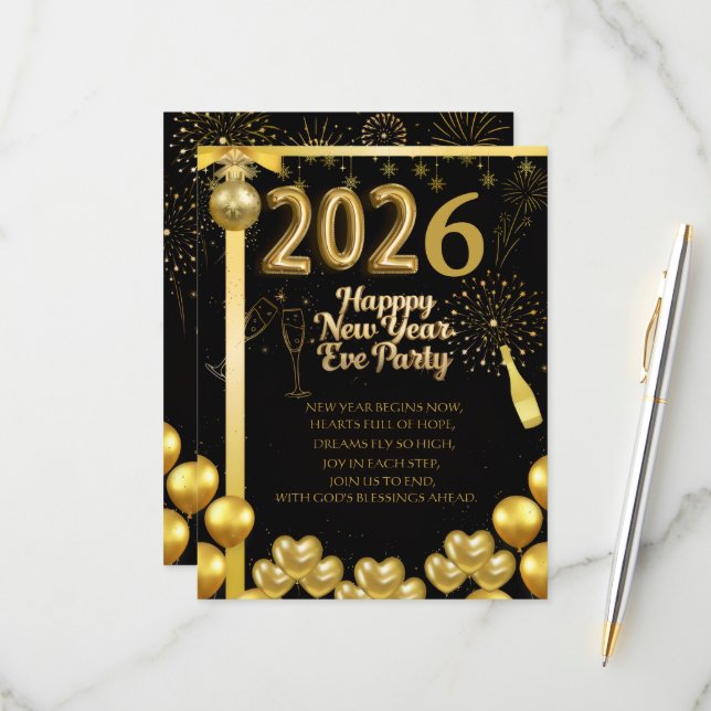 Elegant New Year Eve Party Invitation Card OSA Kort (Fram/Back In Situ)