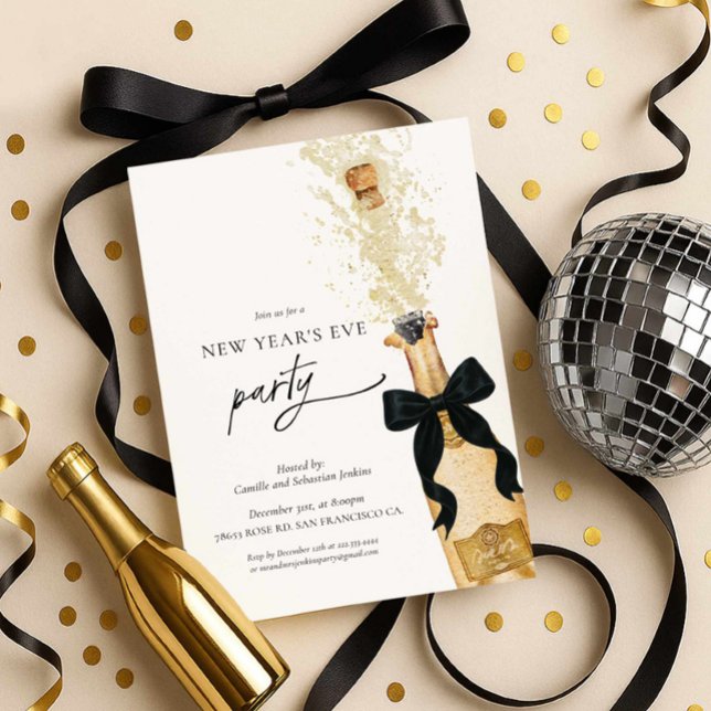 Elegant New Years Eve Party Invitation Inbjudningar (New Year's Eve Party Invitation - Gold Champagne Bottle with Black Bow)