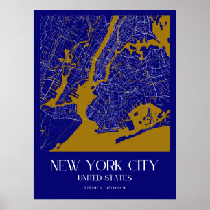 Elegant New York City Karta - Blue & Guld Urban Poster
