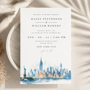 Elegant New York City Silhuett Vattenfärg Bröllop Inbjudningar
