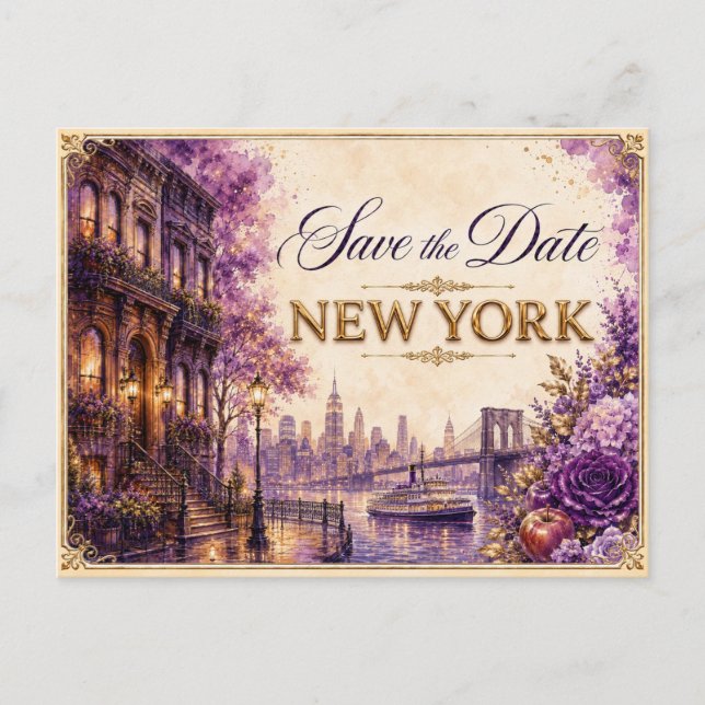 Elegant New York Spara Datum Bröllopsinbjudan Vykort (Framsida)
