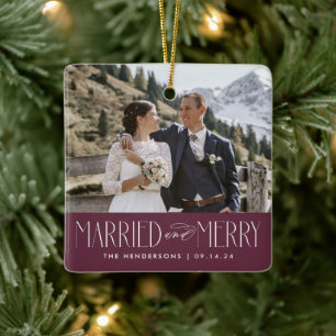 Elegant Newlyged Vin Photo Married and Merry Julgransprydnad Keramik