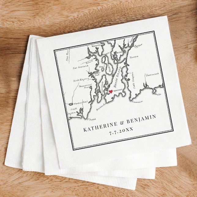 Elegant Newport Rhode island Black White Bröllop Pappersservett (Elegant black and white Newport Rhode Island wedding napkins from Coastal Map Designs)