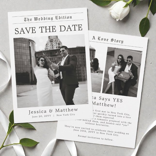 Elegant Newspaper Black and White Photo Wedding Spara Datumet (Elegant Newspaper Black and White Photo Wedding Save The Date)