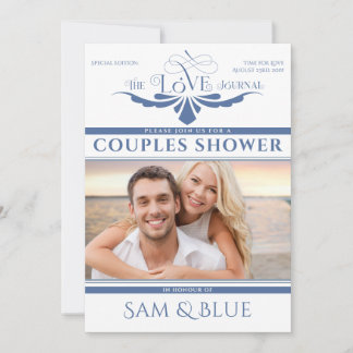 Elegant Newspaper Dusty Blue Möhippa Par Shower Inbjudningar