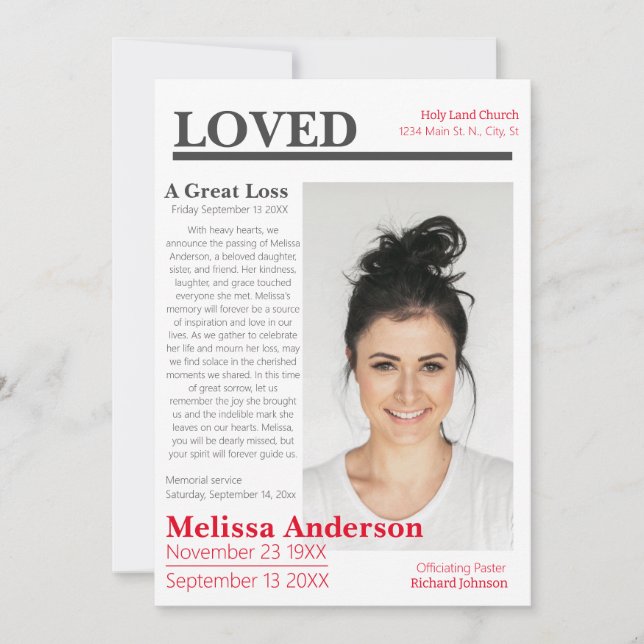 Elegant Newspaper Stil Funeral Call Inbjudningar (Framsida)