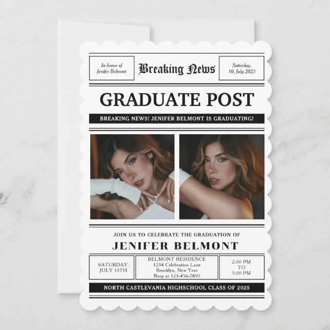 Elegant Newspaper Themed 2 Photo Graduation Party Inbjudningar (Framsida)