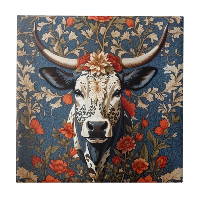 Elegant Nguni Cow William Morris Inspired Kakelplatta (Framsidan)
