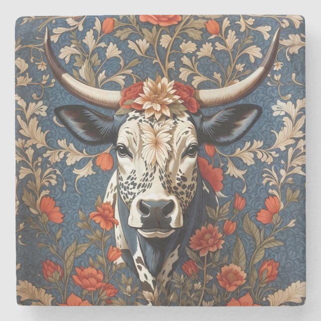 Elegant Nguni Cow William Morris Inspired Stenunderlägg (Framsidan)