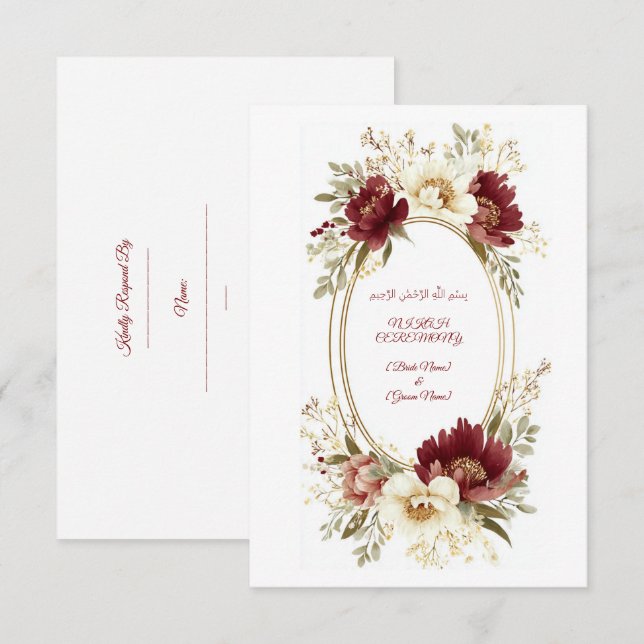 Elegant Nikah-inbjudan med RSVP - Maroon Blommig (Fram/baksida)