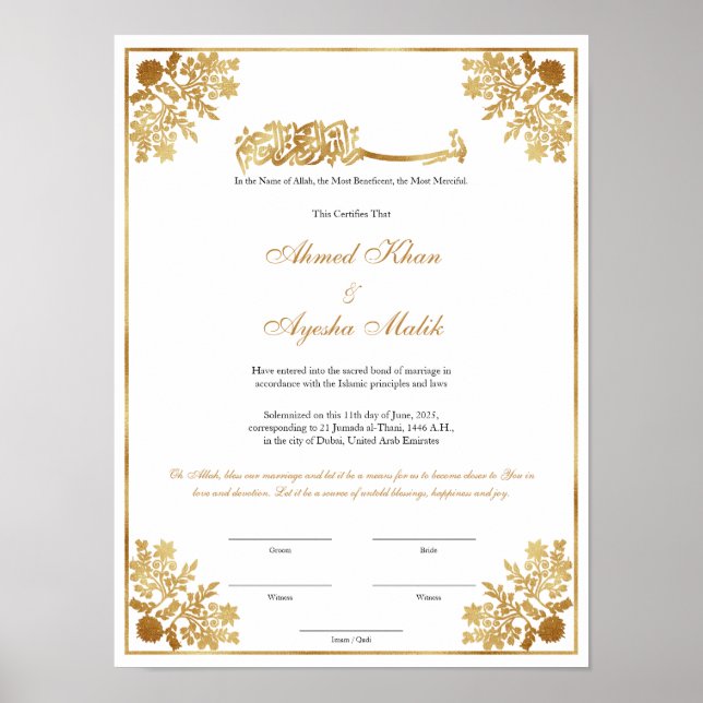 Elegant Nikkah Certificate Muslim Islamic Wedding Poster (Framsidan)